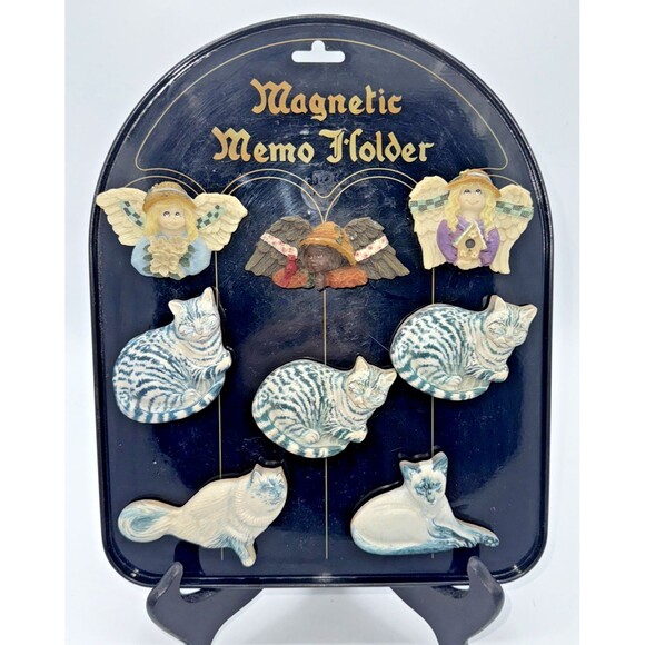 Vintage Magnetic Memo Holder/Board With Cat & Angel Magnets 11”x 9” Black/Gold - Picture 1 of 12